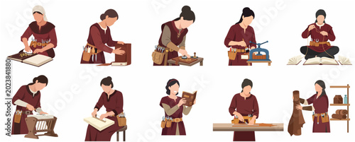 Photos Set of Medieval Female Bookbinders Illustration, Historical Women Artisans Worki