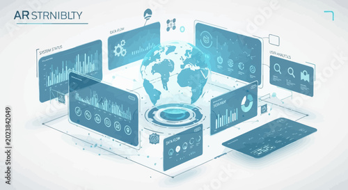 A futuristic illustration of a globe surrounded by various digital screens displaying graphs and charts on a white background with a keyboard and laptop.