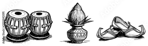 Schilderij op canvas Tabla drums and kalash pot with traditional mojari shoes in vintage engraving st