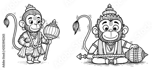 Photography Lord hanuman characters with mace in hand drawn cartoon sketch style
