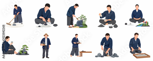 Photography Japanese Man Practicing Zen Garden Art, Meditation, and Bonsai Care Illustration