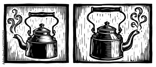 Traditional indian tea kettle with steam in vintage woodcut style