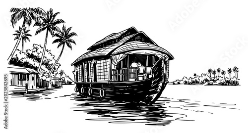 Foto Kerala backwaters houseboat with palm trees in hand drawn engraving style