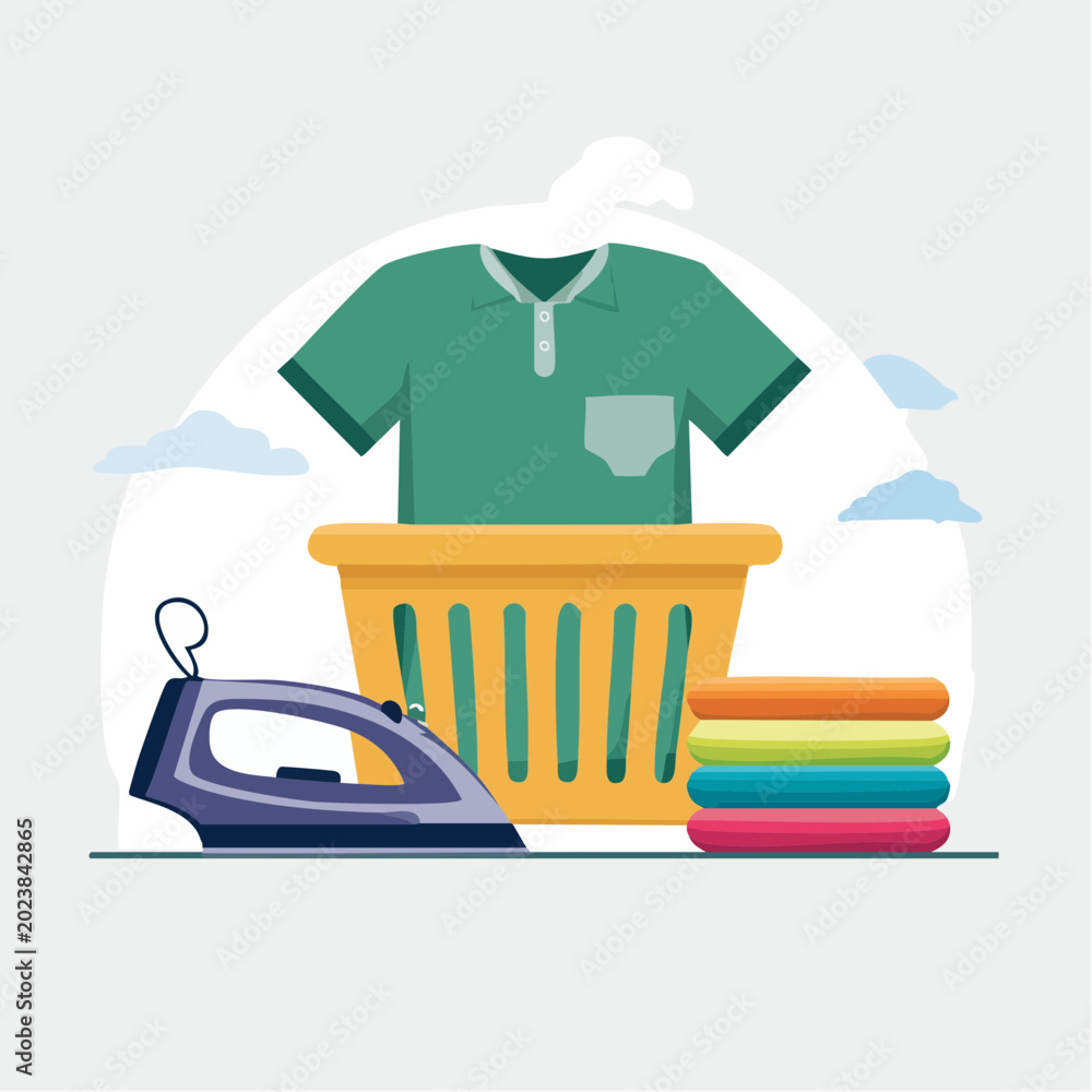 Obraz premium Laundry basket with iron and folded clothes