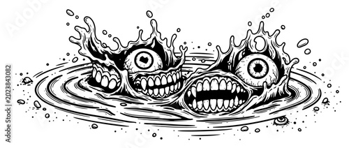 Foto Eyeball monsters with sharp teeth emerging from liquid splash in edgy comic styl