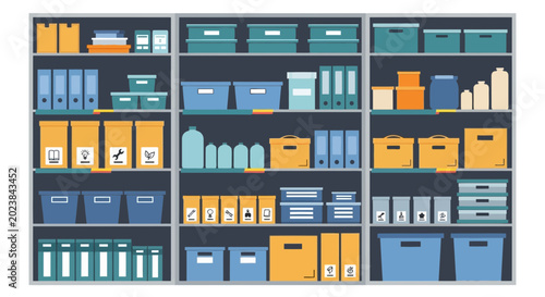 Fotografie Organized Storage Shelving Unit with Boxes, Bins, and Files
