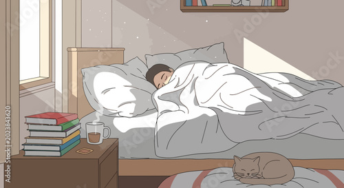 Quadro su tela Peaceful morning sleep, sunbeams entering window, person resting in bed, cozy be