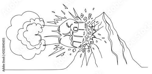 Cuadro en lienzo Giant fist punching mountain with explosive impact in continuous line art style