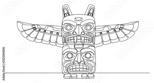 Bild auf Leinwand Totem pole with eagle wings and ancestral faces in Native American line art styl