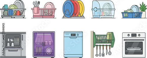 Billede på lærred Kitchen Dish Drying Rack and Dishwasher Appliance Collection with Plates Utensil