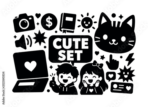 Cute Mixed Symbols. Clean solid filled banner composition of cute everyday symbols scene with two smiley characters beside an oversized cat face and large laptop reaching opposite edges, camera,
