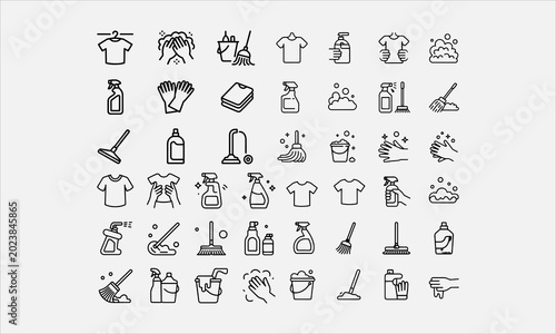 Bild auf Leinwand Cleaning mop, Rubber gloves and Shampoo and spray silhouette and line art vector icon set