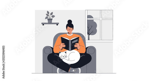 Fotografía Woman reading book with cat on lap in armchair, cozy home interior illustration