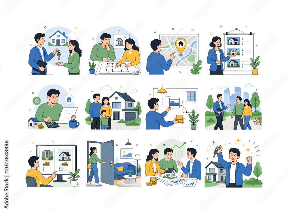 Fototapeta premium Real Estate Property. Homes, rental services, property plans, location search, mortgage process, and housing agency themes. 12 minimalist editorial vector scenes: an agent handing over a house key to