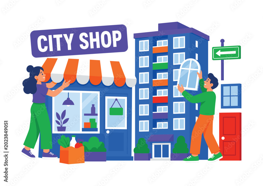 Fototapeta premium Urban Retail Buildings banner scene with 2 expressive stylized human characters interacting with oversized storefront and giant tall apartment building, urban property and commercial street