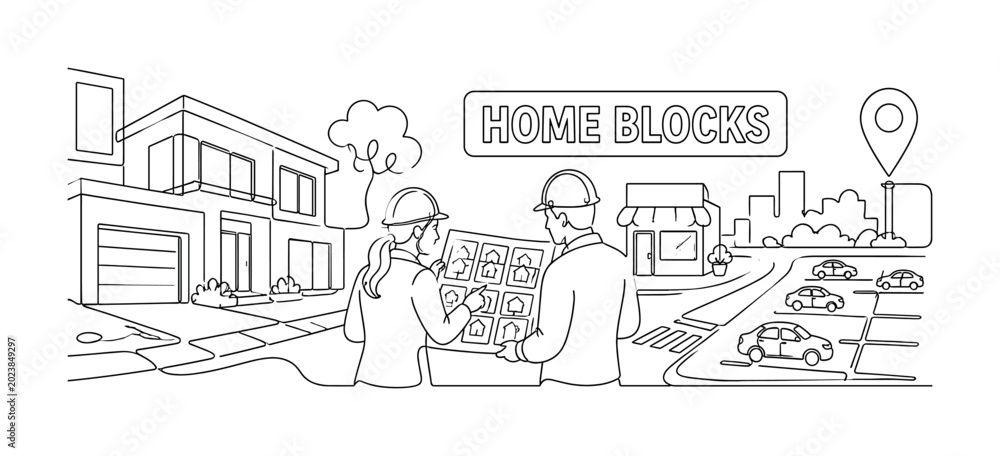 Obraz premium Residential City Blocks. Banner composition with 2 real estate planners examining a residential block across the full wide canvas, one oversized modern house and one oversized parking lot reaching