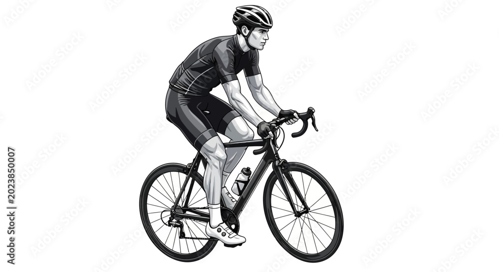 Obraz premium Male cyclist in racing gear riding a road bike, isolated on white background, illustration