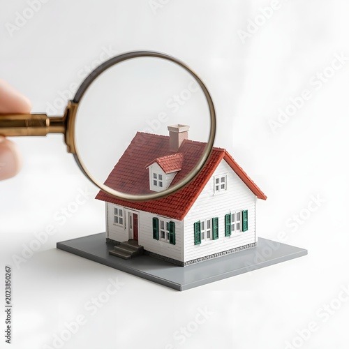 Miniature House Under Magnifying Glass Isolated on White Background