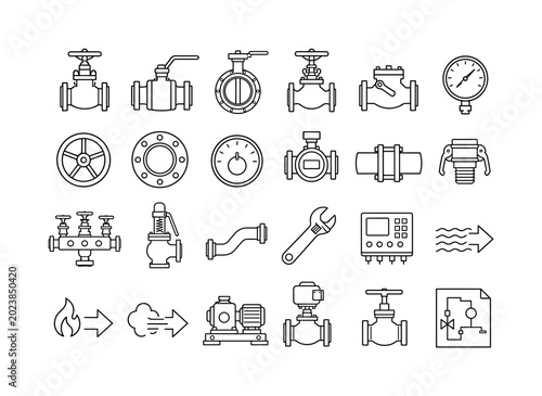 Industrial Valve Control. Line icon set of industrial valves, configurations and process control: gate valve, ball valve, butterfly valve, globe valve, check valve, pressure gauge, valve handwheel,