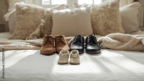 Infant shoes beside adult shoes on bed.