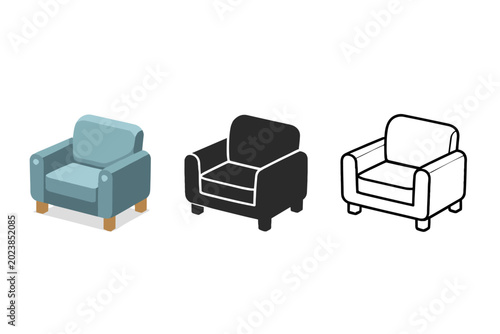 Three styles of armchair icons: isometric, silhouette, and outline