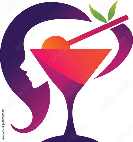 Creative logo design featuring a stylized woman's head silhouette merged with a cocktail glass and a cherry garnish for a bar or lounge brand identity