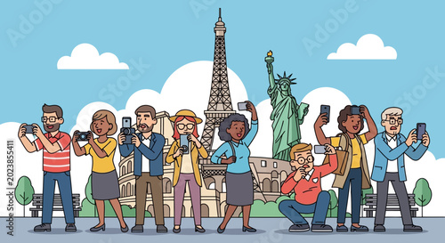 Tableau sur toile Diverse group of tourists taking selfies with famous landmarks in background