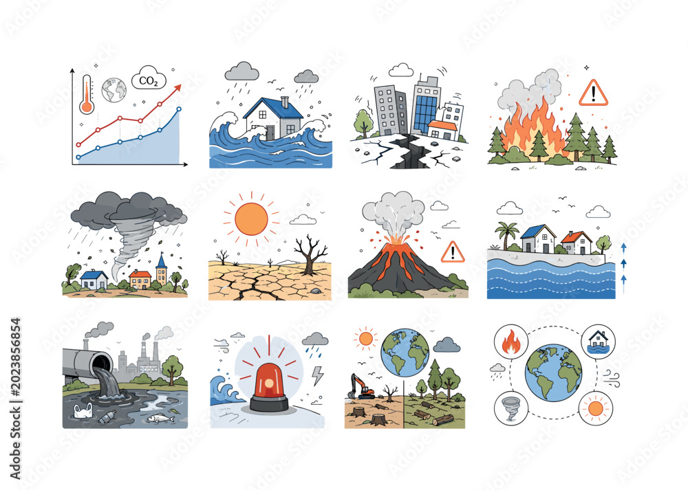 Naklejka premium Climate Disaster Warning Icons. Climate change, CO2 growth, floods, earthquakes, fires, drought, storms, environmental catastrophe awareness. 12 minimalist editorial vector scenes: a chart shows