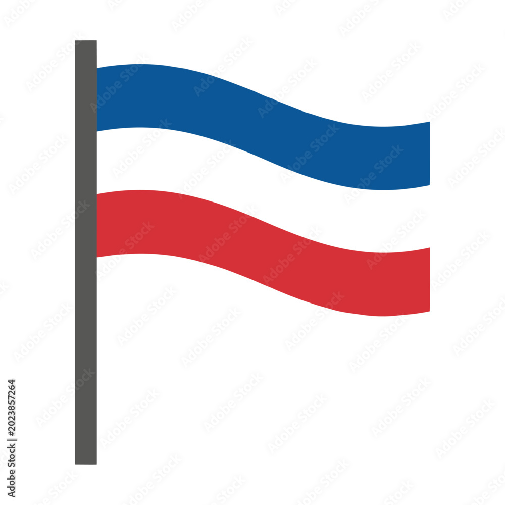 Fototapeta premium National flag with horizontal stripes waving on a flagpole against a clean white background, minimalist flat design national identity concept