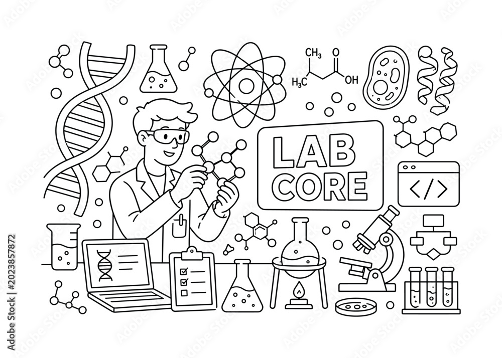 Fototapeta premium Molecular Science Network. Clean outline banner scene of a laboratory workstation with one scientist examining a molecular model, featuring oversized DNA helix and atom structure as main objects, plus