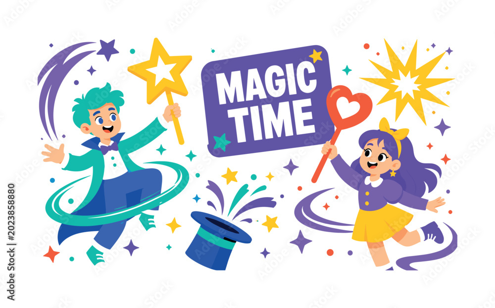 Fototapeta premium Magic Wand Sorcery playful flat vector banner scene with PURE WHITE BACKGROUND, two expressive stylized human characters casting spells while interacting with one oversized star wand and one large