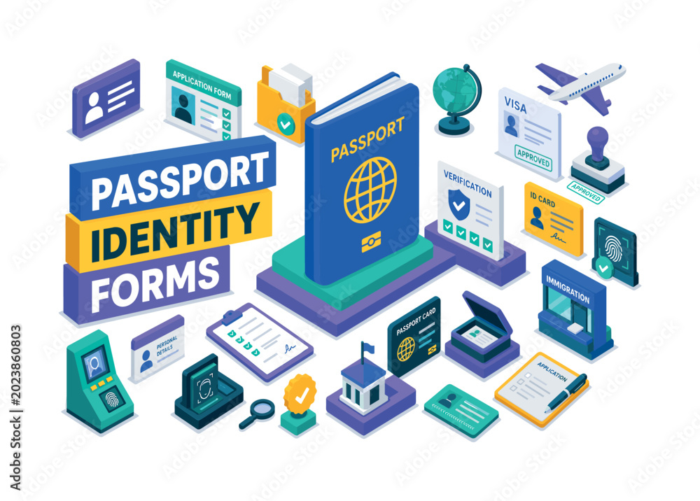 Fototapeta premium Passport Identity Forms , oversized passport booklet with bold geometric depth, floating application cards and stepped verification platforms, asymmetric editorial layout, electric blue and soft