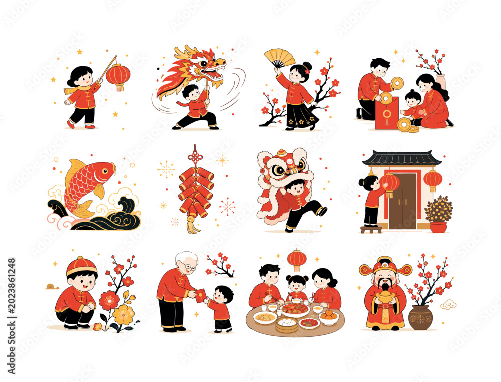 Fototapeta premium Chinese New Year Celebration. Chinese New Year, Lunar New Year, lanterns, dragon, lion dance, traditions, luck, celebration, wealth, flowers, fans, firecrackers, and festive culture. 12 minimalist