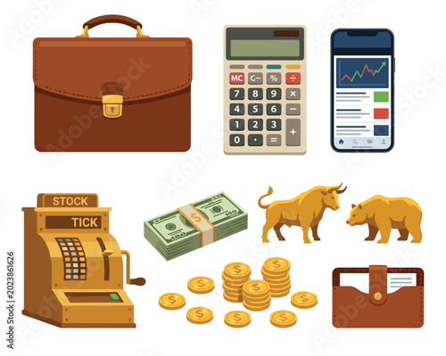 Business finance briefcase calculator smartphone stock market chart isolated white background. Wallet cash money bull bear coins ticker illustration vector. Economy financial trading tools graphic