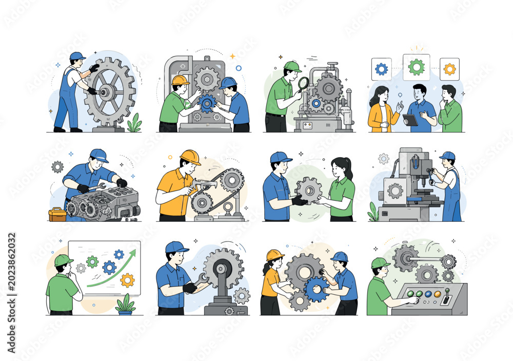 Fototapeta premium Mechanical Gears. Factory equipment gears, cog wheels, mechanical parts, mechanism, machine engine, teamwork, business solution, industry work, service, machinery setup, metal power, support,