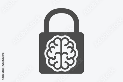 Black and White Lock Icon with Brain Symbol for Intellectual Property and Mental Security Concept