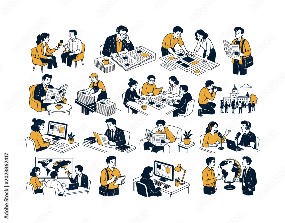 Fototapeta premium Newspaper Media Press collection of digital illustrations showing people creating and sharing news publications: journalist interviewing source, editor reviewing printed article, reporter holding