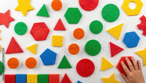 Colorful wooden puzzle pieces in geometric shapes on a white background. Concept for enhancing spatial reasoning and logical intelligence through play.