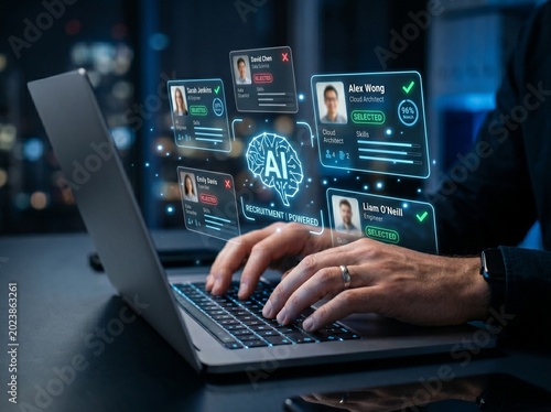 AI recruitment candidate screening automation on laptop with digital interface hiring system resume filtering artificial intelligence hr selection process talent acquisition decision making efficiency