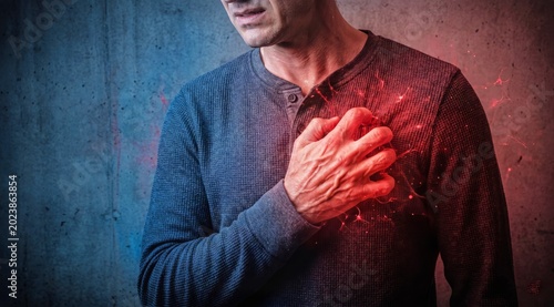 Man Holding Chest Red Glowing Pain Area Heart Attack Medical