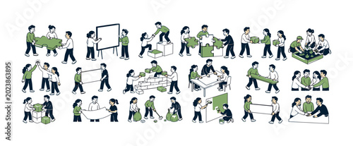 Society Team Cooperation collection of digital illustrations, 12-20 character-driven small scenes across full canvas, people with visible faces and expressive poses cooperating, carrying puzzle pieces