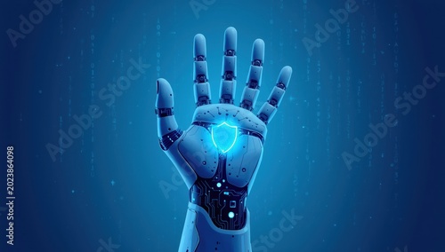 Icon representing AI robotic hand safety against a blue backdrop, illustrating cutting-edge technology and digital protection in a futuristic theme, with space for text.