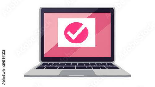 Laptop computer displays a large pink checkbox symbol on the screen to represent task completion and success.