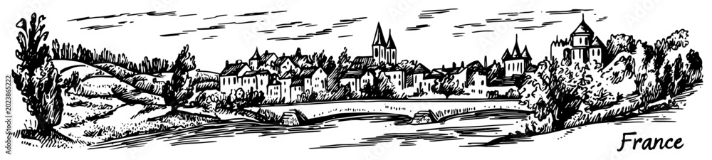 Naklejka premium French countryside landscape with old village and stone bridge over river Hand-drawn vector sketch of rural France
