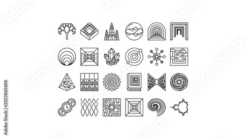 Minimal Line Vector Icon Set – Fractal Reality Structure System, Recursive Universe Concepts, Black Outline Grid Icons