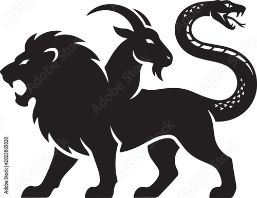 Photos Mythological Chimera creature a hybrid lion goat and snake depicted as a black s