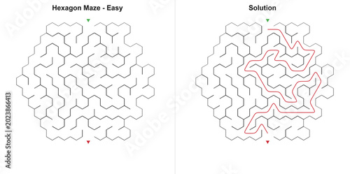 Fotografía Kids hex labyrinth with solved direction in simple style, uncolored background,