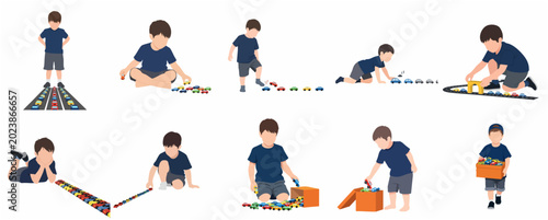Obraz na plátně Set of boy playing with toy cars vector illustration