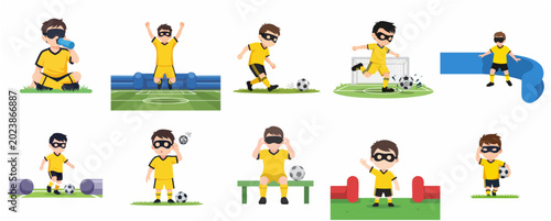 Blind Football Player Illustrations Set, Disabled Boy Playing Soccer with Blindfold and Audible Ball