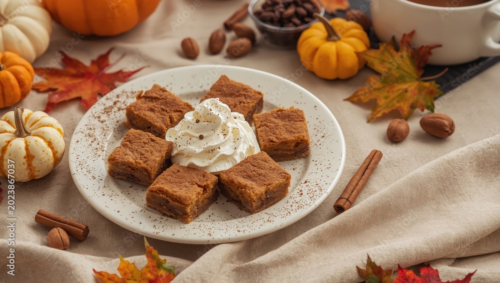 Fototapeta premium Chestnut pie bars made at home, topped with whipped cream, set against an autumn-themed beige backdrop with spices and decorative elements.